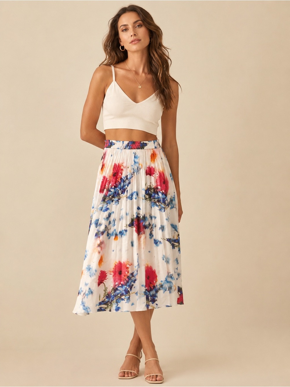 Club Monaco Boho Chic Watercolor Floral Pleated Midi Skirt | White Multicolor
